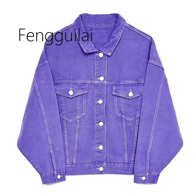 

Autumn Coat Street Style Women Denim Jacket Ultra Violet Oversize Topstitched Jeans Jacket Purple Chic Outerwear Coats