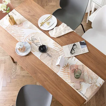 

DUNXDECO Table Runner Long Table Cover Fabric 2Layer Dinner Party Tabelcloth Simple Luxury Gold Banana Leaf Print Mat Decorating