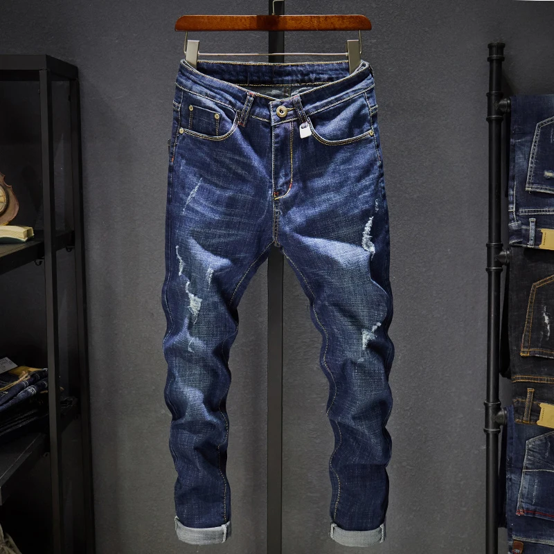Moto & Biker Jeans for men dark blue stretch slim fit distressed ripped denim pants men clothes long trousers hip hop frayed,men jeans,ripped jeans,ripped patchwork jeans