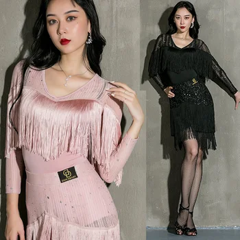 

Summer Latin Dance Costume Women's Sexy Slim Tassel Tops Skirt 2 Pieces Sets For Ballroom Samba Dance Performance Wear DWY4253