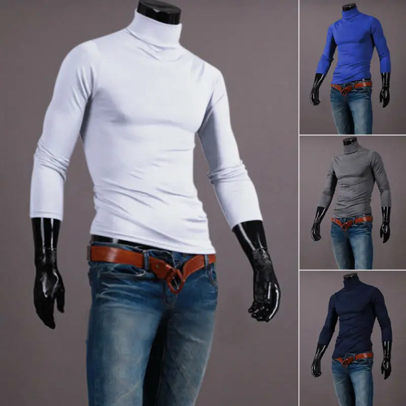 Осенне-зимняя мужская термостойкая футболка с длинным рукавом и высоким воротником, однотонные топы, мужская Тонкая Базовая стрейч-футболка, топ