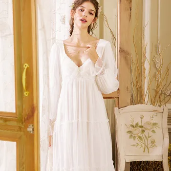 

2019 Sexy Victorian Sleep Wear Night Dress Vintage Nightgown Long Sleeve Nightdress White Cotton Sleepwear Women Nightshirt