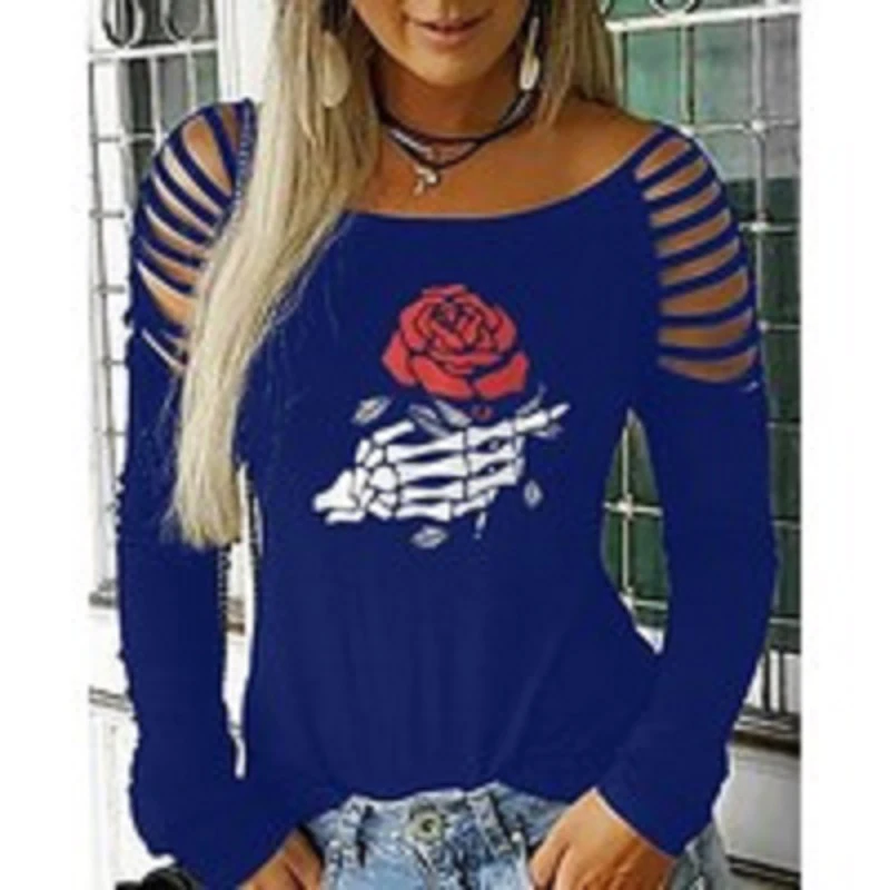 Футболка в стиле панк, Женские топы с длинным рукавом, с принтом черепа и цветов, сексуальная уличная футболка, женская футболка размера плюс, женская одежда s SJ4425V - Цвет: Синий