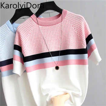 

shintimes Plaid T Shirt Women Striped Tshirt Knitted Cotton 2020 Korean T-Shirt Woman Clothes Tee Shirt Femme Camisetas Mujer