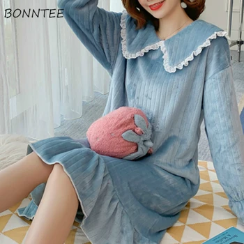 

Nightgowns Women Flanel Solid Spring Simple Ruffles Knee-length Girls Night Dress Thicker Soft Elegant Korean Homewear Oversize