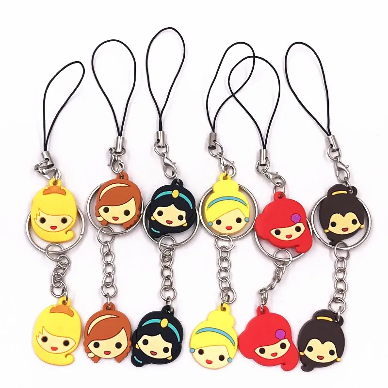 

6Pcs Cartoon Princess Key Holder Keychains Kids Cartoon Backpack Fashion Pendant Key chains Girls Party Gift Mobile Phone Straps