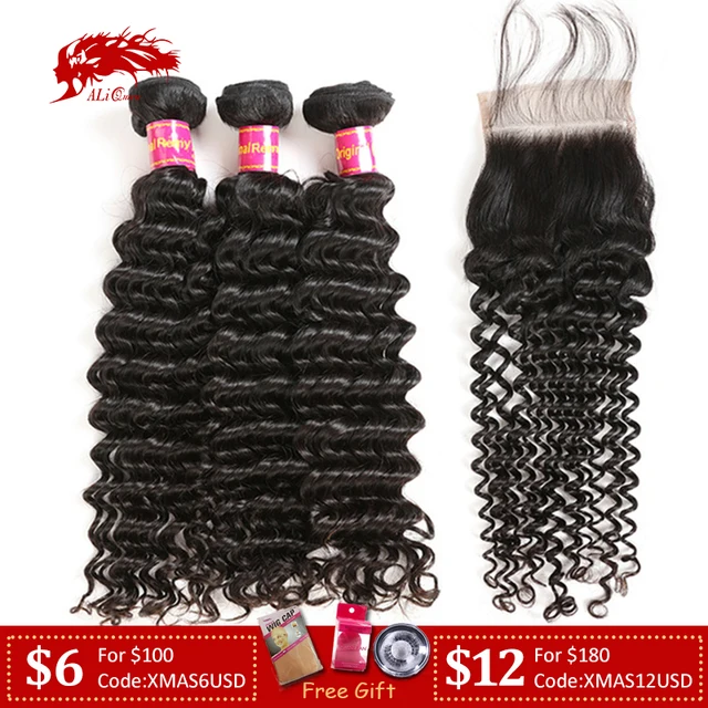 $US $97.24  3Pcs Brazilian Deep Wave Remy Human Hair Bundles With Closure Frontal Free Part Lace Closure Ali Qu