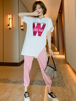 

Fashion Letters Sequin Loose Split Medium-Length T-shirt + Contrasting Color Beam Feet Casual Pants Suit Women's Summer New