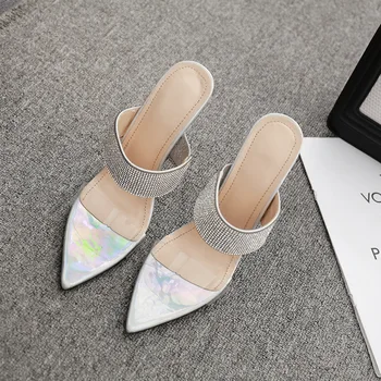 

2020 Women Clear Night Club Party High Heels Slipper Colorful Silver Rhinestone Stiletto Sandals