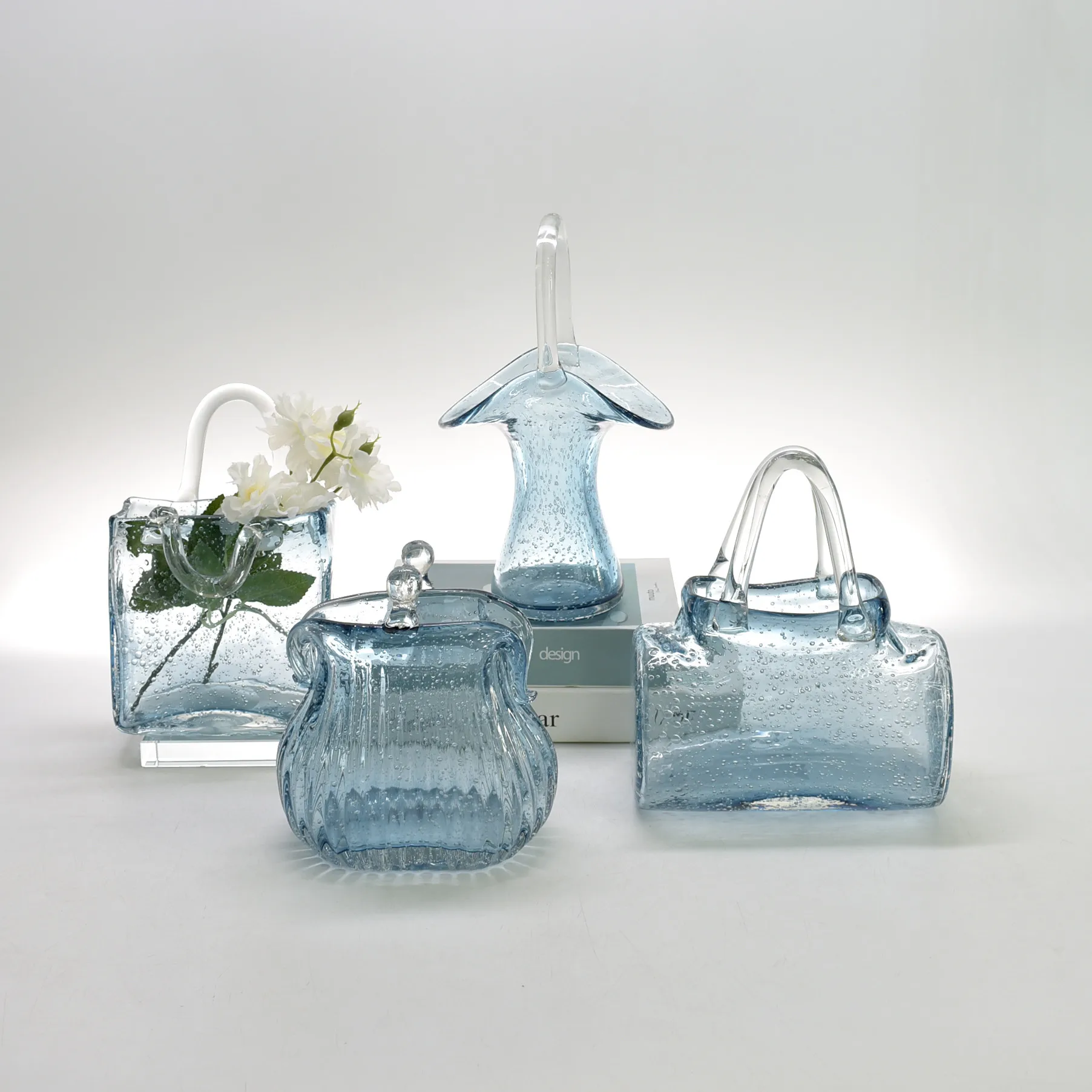 

Handmade bubble glass transparent blue handbag bag vase flower basket home decor ornaments hydroponic flower marry gift CL72007