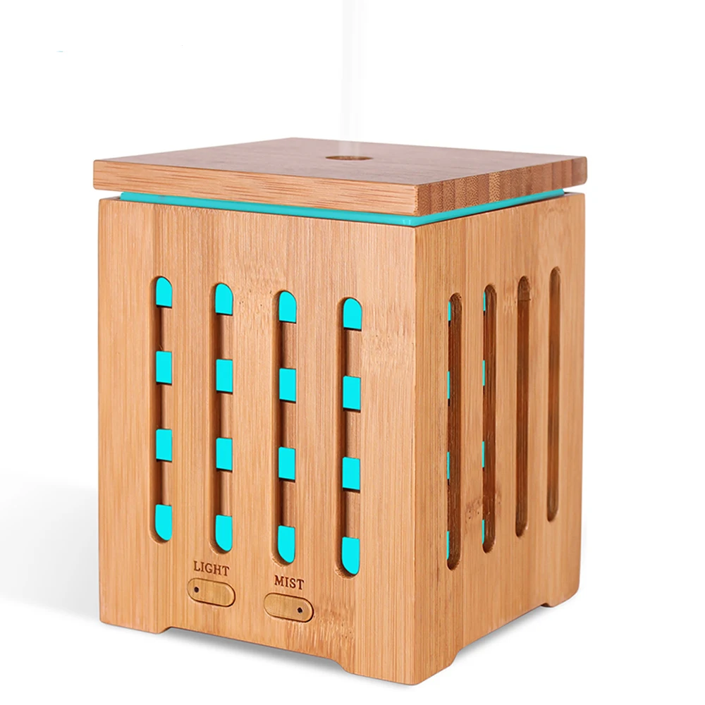 

Essential Oil Diffuser Square Perfume Ultrasonic Real Bamboo Wooden 200ml Nebulizing Aromatherapy Humidifier 7 Color Changing