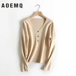AOEMQ модные однотонные свитера пуловеры однобортные осенние свитера v-образный вырез воротник на день рождения свитера женская одежда