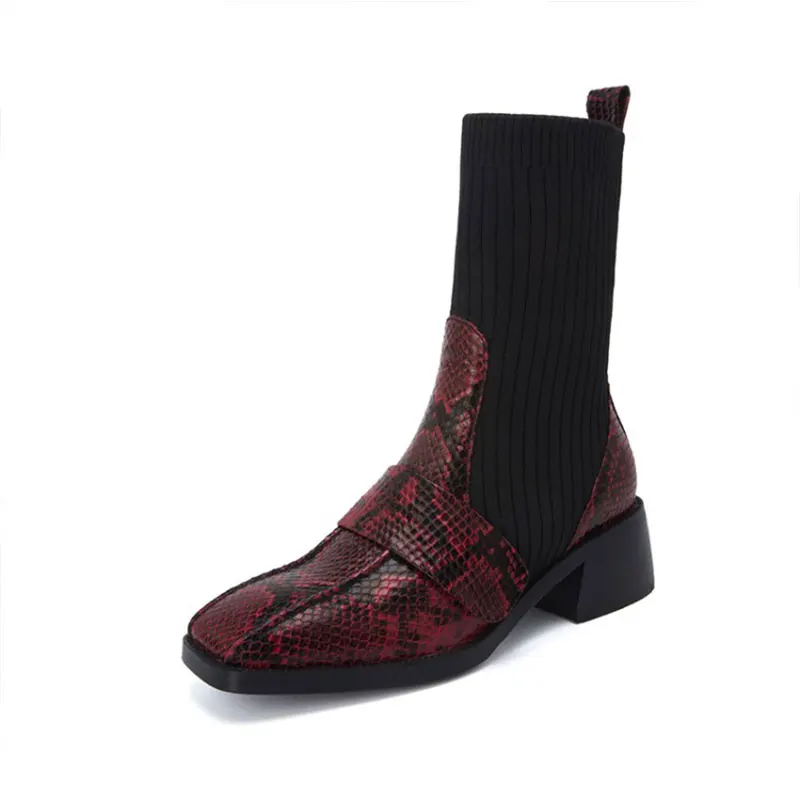 

Women Fashion Design Genuine Leather Stitching Socks Low Heel Ankle Boots Casual Squre Toe Boots Female Daily Shoes