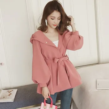 

Women Hooded Windcoat Autumn Warm Outwear Bow Tie Loose Coat Sweet Solid Color O-neck Jacket