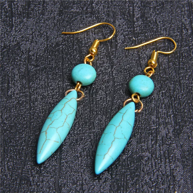 Богемные винтажные длинные каменные Висячие серьги для женщин Boho ювелирные изделия этнические синие бирюзовый камень золотые серьги