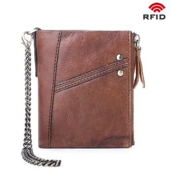

RFID Cowhide Leather Wallet Multi-functions Motocycle Chain Style Men's Wallets Male Purse Double Zipper Coin Bag Cards Holder