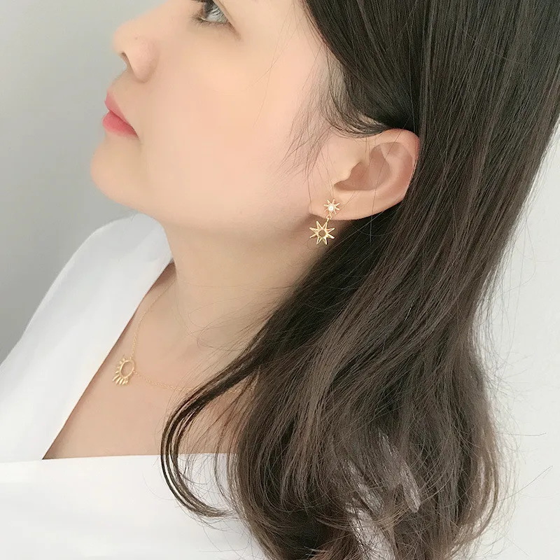 RUIYI Real 925 Sterling Silver Women Cold Wind Fashion Hexameron Charm Earrings Girls Young Niche Sunflower Pearl Stud Earrings