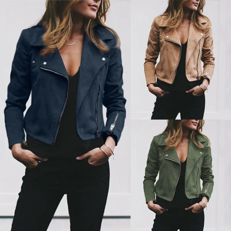 Best  Coat women Ladies Suede Leather Jackets Zip Up Biker Female Casual Coats Woman Flight Coat