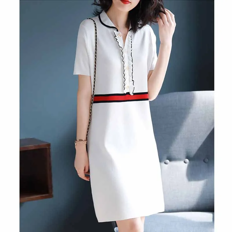 

Peter Pan Collar Short Sleeve Jersey Dress Spring Clothing 2019-Women's Loose-Fit Fashion Base Skirt Versatile Skirt-