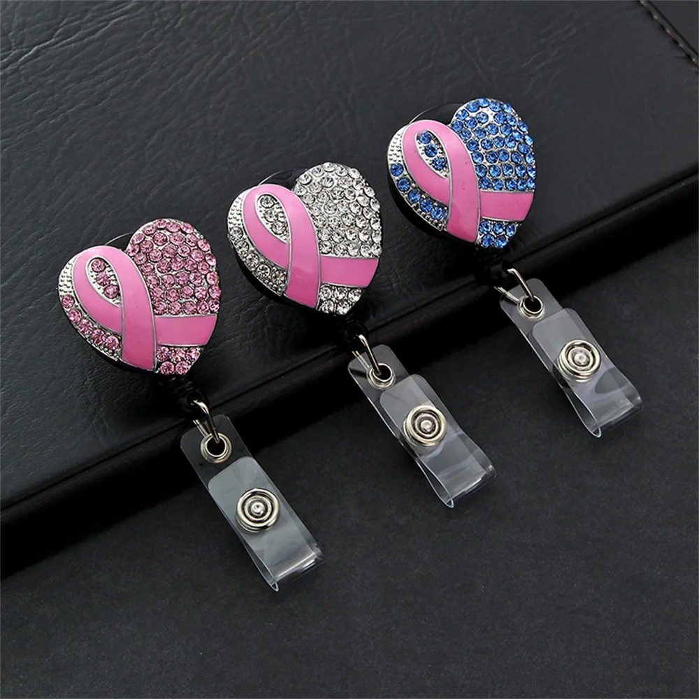 Love Heart Capsule Diamond Pink Ribbon Retractable Nurse Badge Reel Clip Badge Holder Students Doctor Id Card Holder Stationery