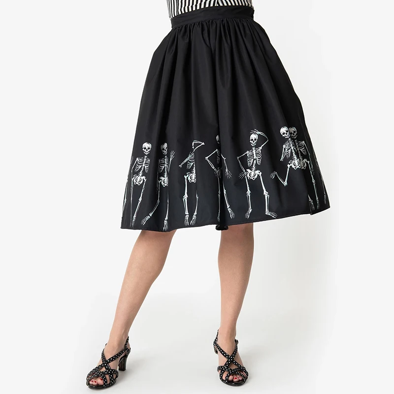

Autumn Winter Women Halloween Print Skirt Pumpkin Skull Pleat Falda Saia Witch A Line Retro Vintage 50s Rockabilly Swing Skirts