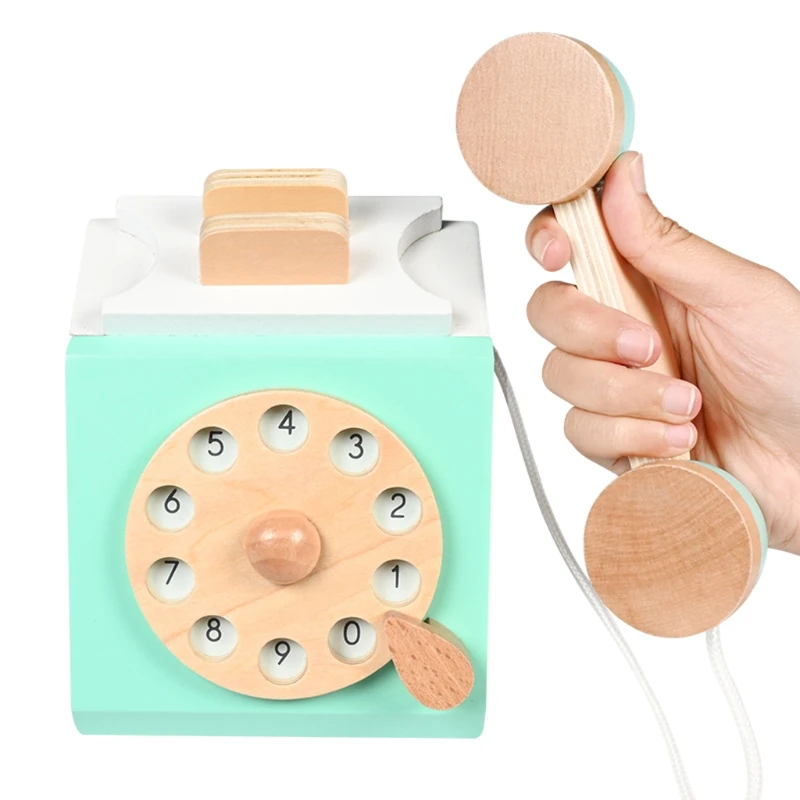 97BE Rotary Design Retro Imitation Landline Phone Children's Play House Wooden Antique Dial Telephone for early Education