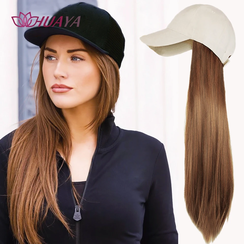 HUAYA-gorro de béisbol sintético, largo y recto, Natural, negro, marrón, pelucas, extensiones de cabello Natural sin costuras