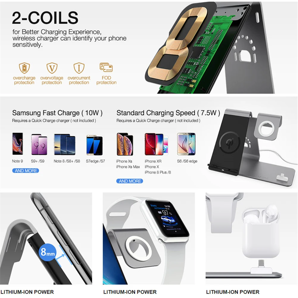 

3 In 1 Earphone Table Top Qi Device Line Accessories Wireless Charger Stand Mobile Phone Aluminum Alloy Dock For Samsung