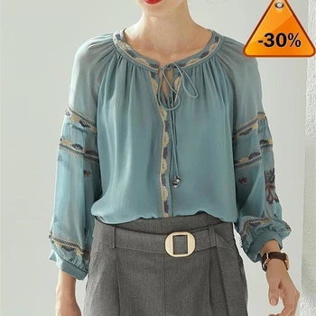 

Blouse 100% Silk Women Blue Vintage Embroidered Silk Shirt Silk Heavy Industry Embroidery Elegant Casual Top New Fashion