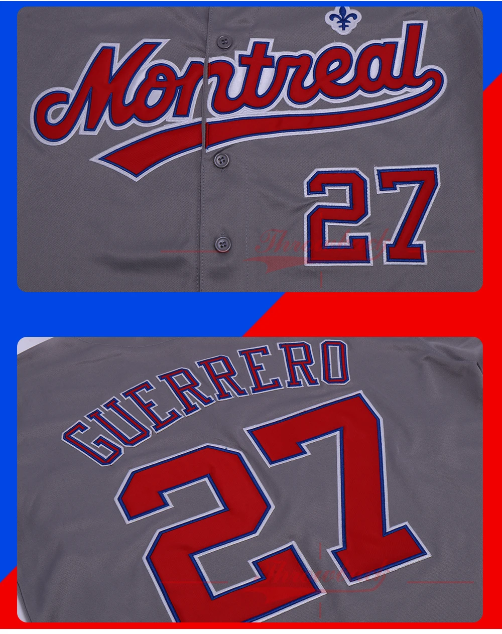 Спортивный костюм Джерси Монреаль Бейсбольная Футболка 27 Vladimir Guerrero цвет СЕРЫЙ Технология вышивки Размер S-XXXL