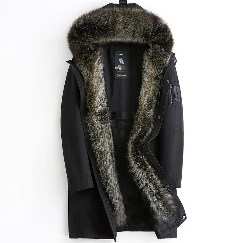 Мужская норковая шуба с капюшоном, мужские деловые куртки, зимние парки с воротником из натурального меха енота, зимняя одежда размера плюс L-4XL, Новая мода - Цвет: Черный