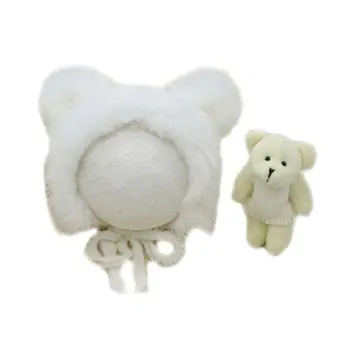 

2 Pcs Newborn Photography Props Cute Rabbit Fur Knit Hat Costume Bear Toy Set E65D