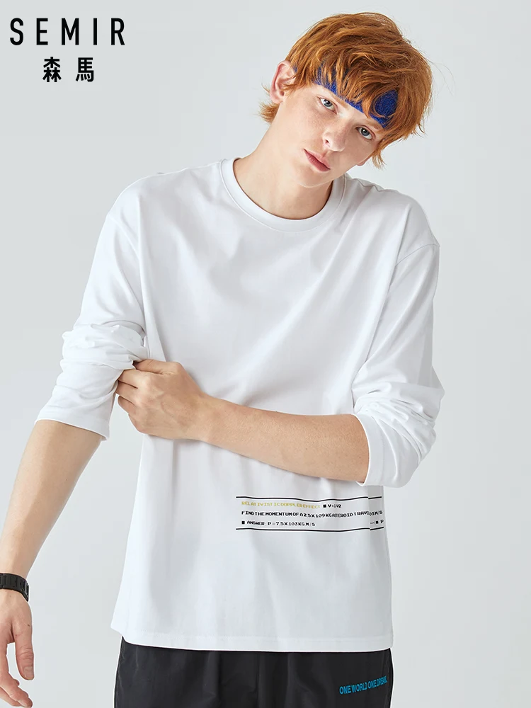 Мужская футболка SEMIR, осень, новая, длинный рукав, футболка, мужская, Корейская версия, круглый вырез, принт, хлопок, футболка