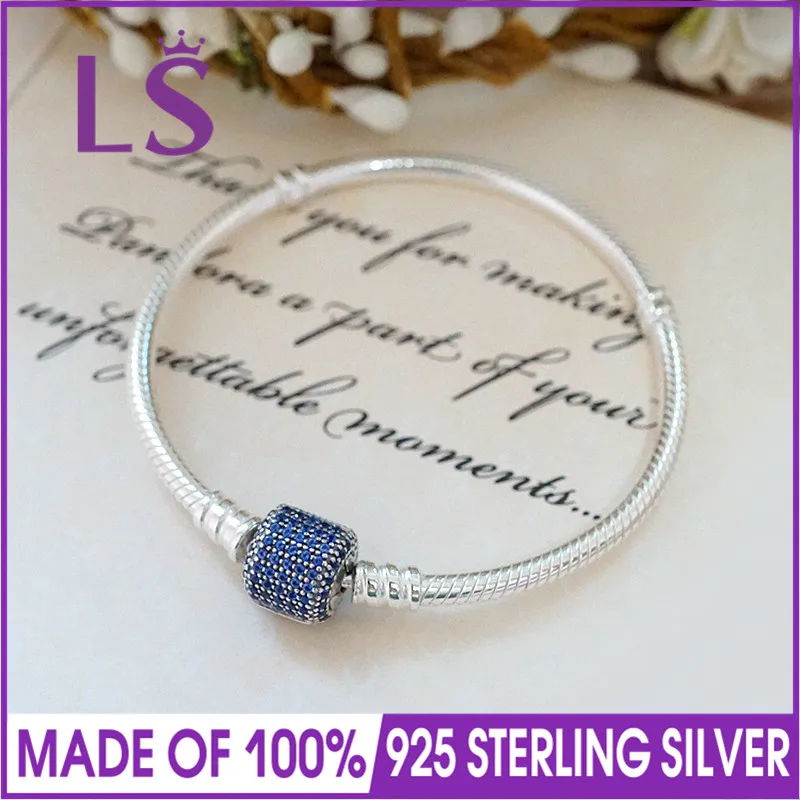 LS Высокое качество 925 серебряный браслет с застежкой, королевский синий кристалл и прозрачный CZ для женщин подходит для оригинальных бусин Шарм W