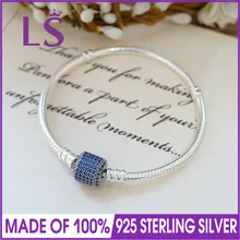 LS Высокое качество 925 серебряный браслет с застежкой, королевский синий кристалл и прозрачный CZ для женщин подходит для оригинальных бусин Шарм W