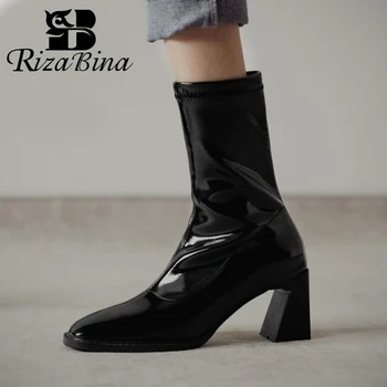 

RIZABINA Women Winter Warm Shoes Fashion Half Short Boots Women High Heel Shoes Women Zipper Footwear Size 33-40