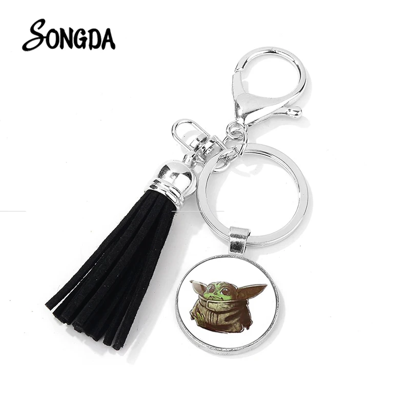 

SONGDA Cute Little Baby Yoda Leather Tassel Keychain Cartoon Photo Glass Cabochon Gem Alloy Pendant Handbag Car Key Accessories