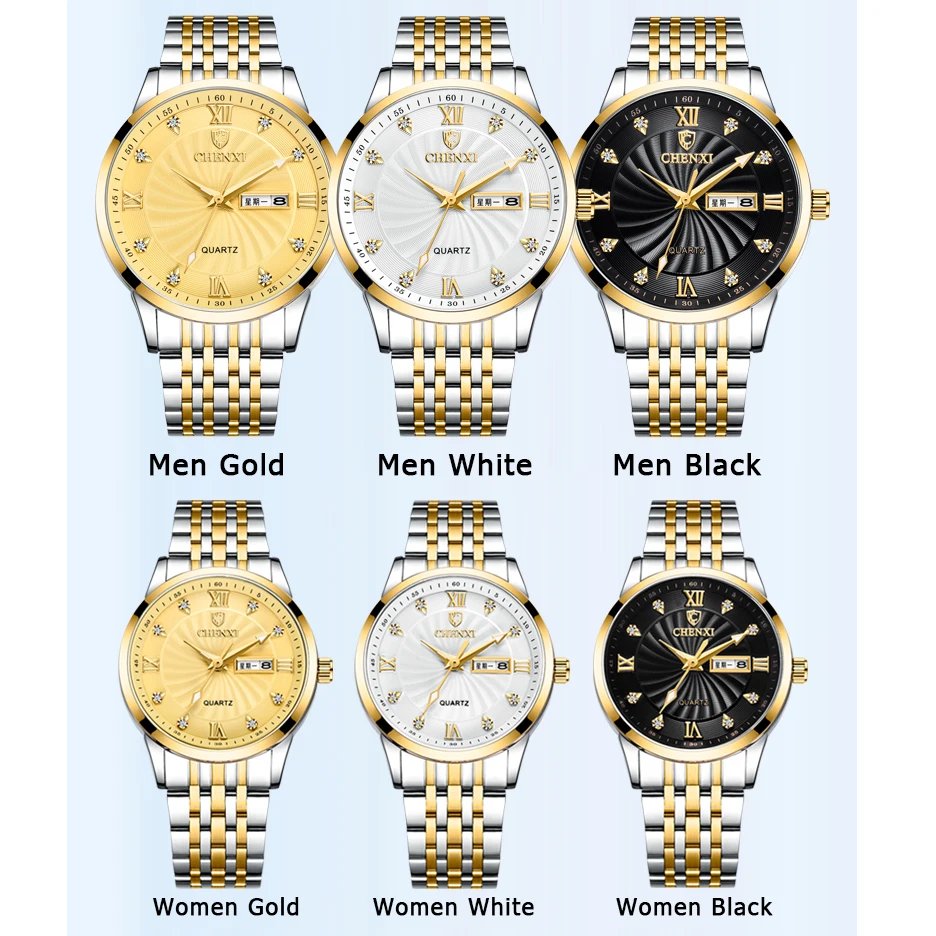 Новые парные часы Роскошный бренд CHENXI Мужские кварцевые часы для женщин золотой полный стальной водонепроницаемый часы платье женские часы