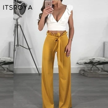 

Itsroya 2020 Fashion Women Wide Leg Pants Sexy Elegant Pants High Waist Lift Hips Casual Trousers Side Bow Tied Woman Long Pants