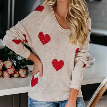 

Women Sexy Sweet Sweater Autumn Winter V Neck Long Sleeve Shoulder Loose Heart Pattern Pullover Sweater Jumper Pull Femme