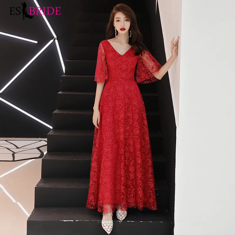 

Elegant Evening Dresses Long 2019 A-line Half Sleeve V-Neck Lace Formal Gowns Robe De Soiree