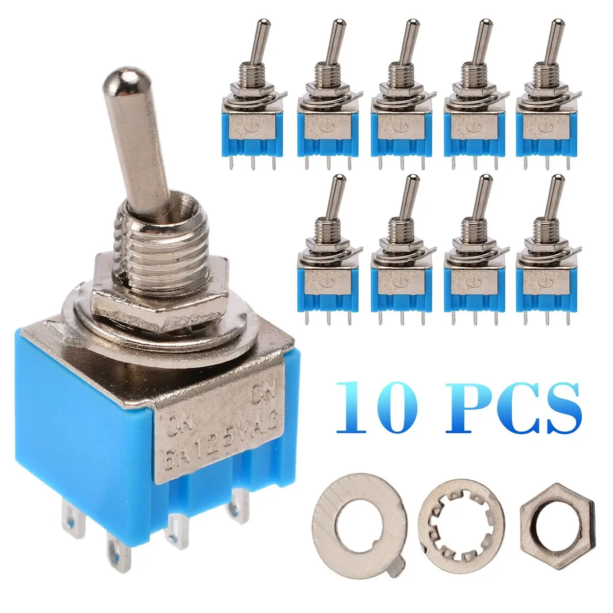 10Pcs/Set Mini Blue Toggle Switch MTS-202 6 Pin DPDT ON-ON 6A 125V AC 2 Positions Electrical Toggle Switches