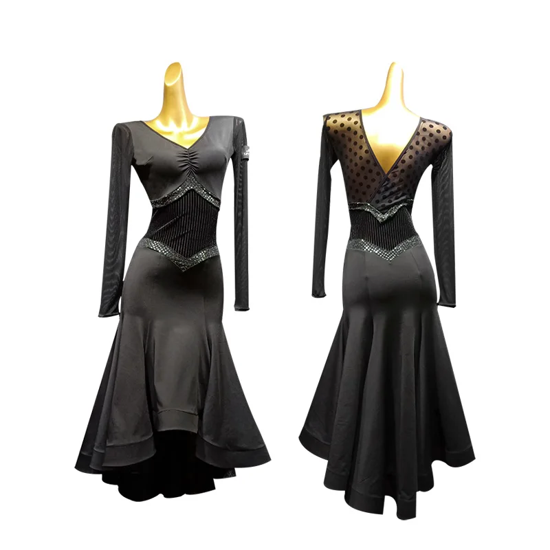 Black ballroom dance competition dress for dancing ballroom dress standard dance dress waltz dress fringe dance wear dot dress