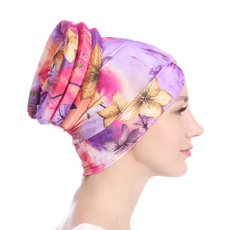 Muslim Women Stretch Cotton Floral Leaf Print Turban Hats Chemo Beanie chemotherapy Hijab Pleated Wrap Cover Hair Accessories