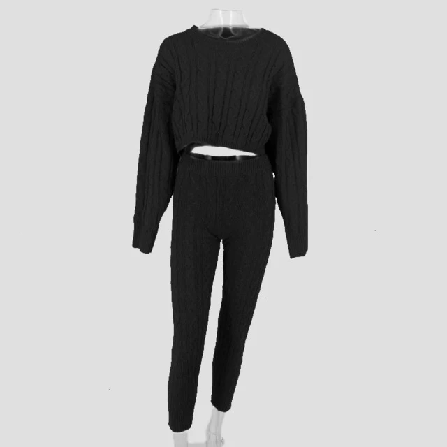 Однотонный комплект из двух предметов, свитер и брюки, осенне-зимний вязаный костюм, женский комплект 2 шт. комплекты, женский спортивный костюм - Цвет: Черный