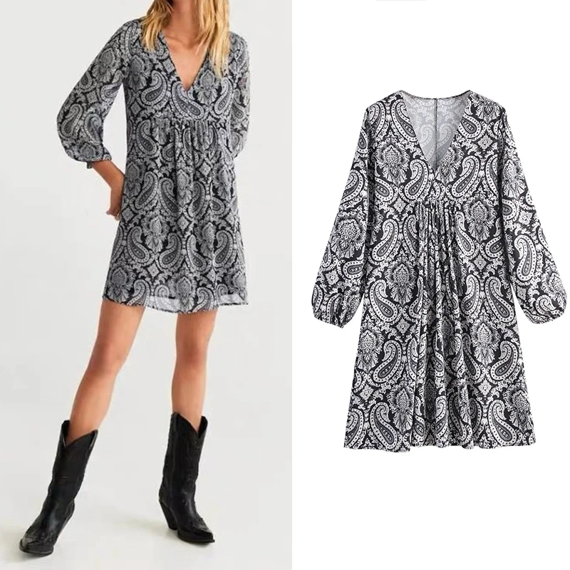 

Women dress fashion za 2019 floral print draped vintage mini dress long sleeve V-neck loose dresses female chiffon vestidos