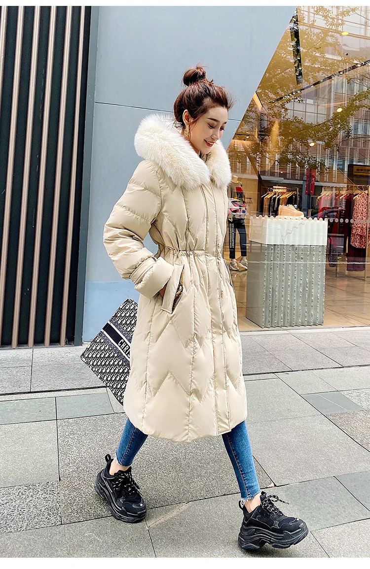 Высокое качество женское белое пуховое пальто большой натуральный Лисий мех воротник капюшон Женская зимняя куртка бежевый черный