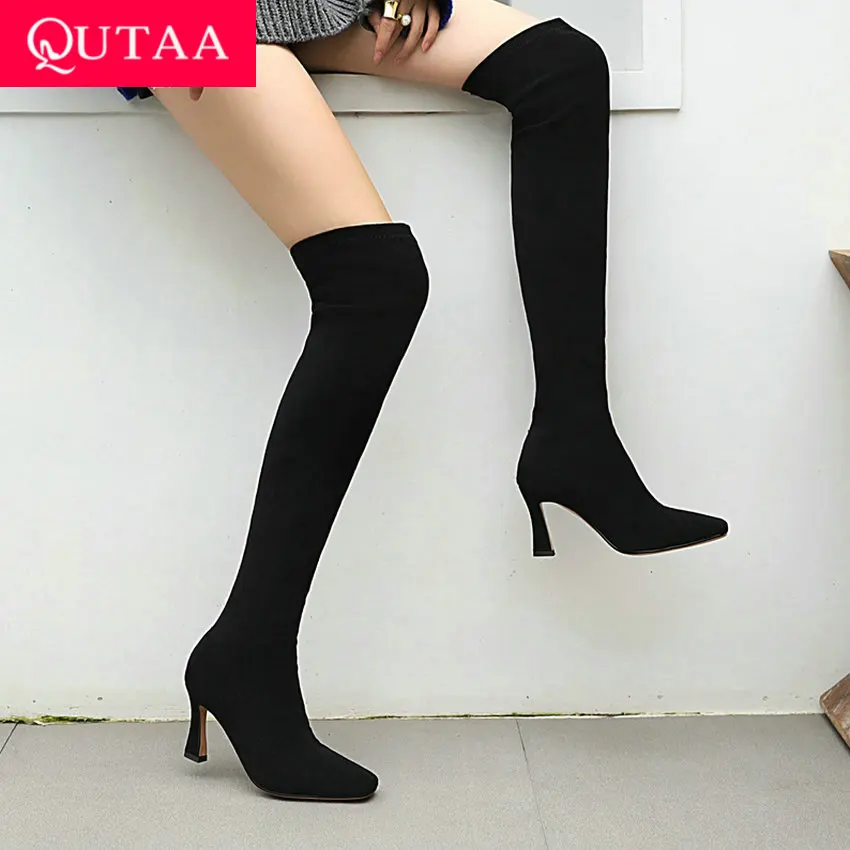 Women Shoes Boots QUTAA Over-The-Knee Square Toe High-Heel Autumn Winter Flock Hoof Slip-On