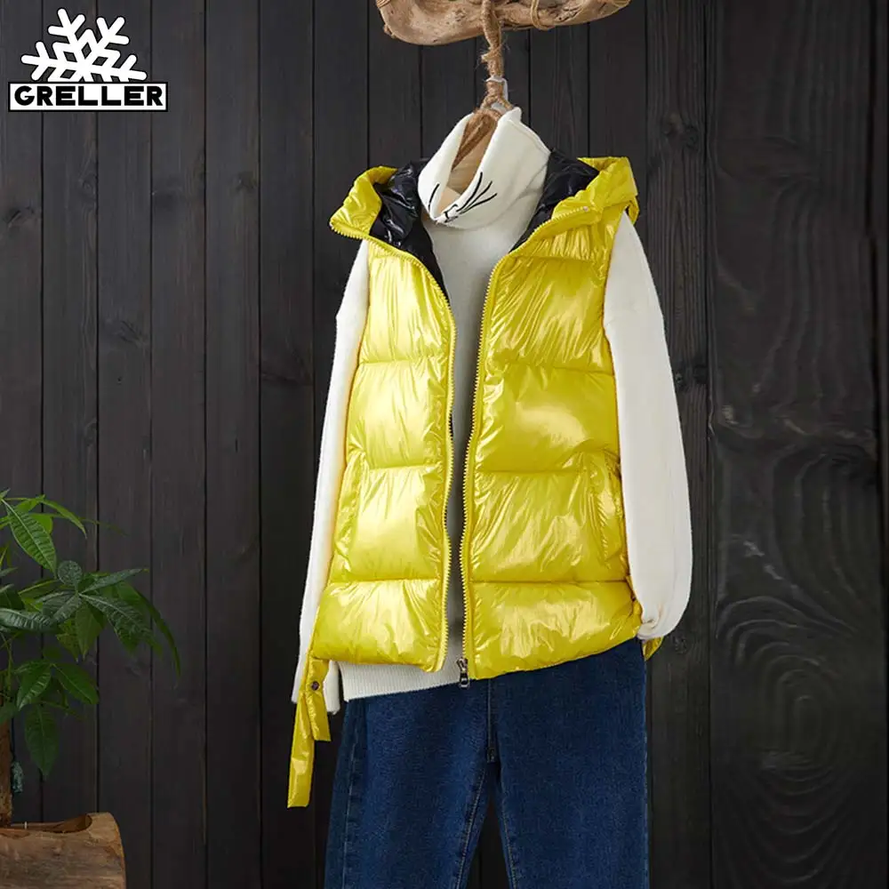

GRELLER Autumn Winter Vest Women Waistcoat 2020 New Female Shinny Patchwork Sleeveless Vest Jacket Hooded Warm Short Vest Coat