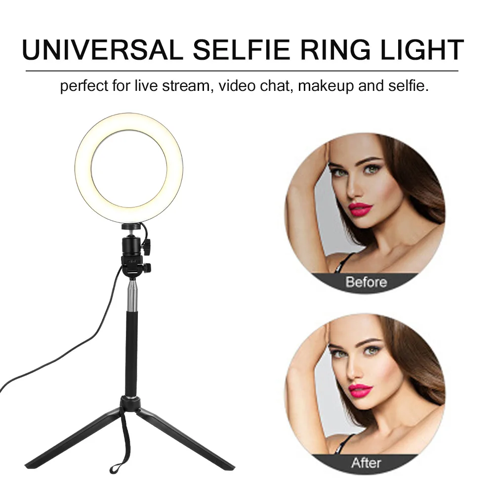6 Inches LED Mini Fill Ring Light Tripod Stand Phone Holder Selfie Makeup Live Streaming Dimmable Ring Light Photography Lamp